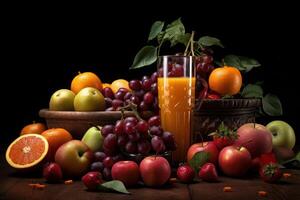 frisch Früchte Saft auf dunkel Hintergrund, gesund Getränk Reich im Vitamine. erstellt generativ ai foto