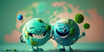 froh Erde Charakter lachend auf Blau Hintergrund, glücklich Erde Tag, Welt Lachen Tag. generativ ai foto