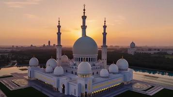 abu dhabi, Vereinigte Arabische Emirate, Scheich zayed großartig Moschee im das abu dhabi, vereinigt arabisch Emirate auf ein Sonnenuntergang Aussicht Hintergrund. foto