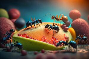 schließen oben realistisch Ameisen finden Essen Über bunt Früchte. erstellt mit generativ ai foto