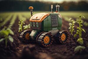 Clever Roboter Farmer beobachtet und prüfen Wachstum Pflanze Hintergrund, Landwirtschaft Technologie Konzept. erstellt generativ ai foto