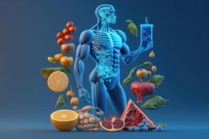 Früchte Bildung ein Mensch Körper Stoffwechsel und Ernährung, Essen Diät Essen zum Energie und Verdauung. generativ ai foto