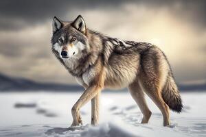 ein Wolf im das Schnee mit ein Licht Hintergrund generativ ai foto