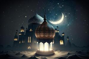 islamisch Laterne und Moschee mit ein Mond und Sterne beim das Hintergrund ai generiert foto