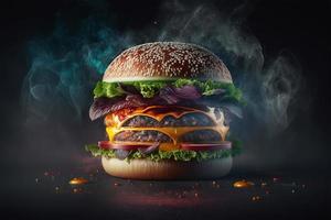 Hamburger auf ein dunkel Hintergrund mit Rauch. filmisch Sicht. kommerziell Lebensmittel. kommerziell Burger foto
