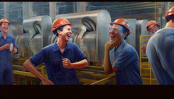 Arbeitskräfte reden und Lachen beim ein Fabrik Arbeit Tag und das Bedeutung von Arbeitskräfte ai generiert foto