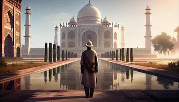 Mann im taj Mahal Reise Tourist im Indien Ramadan das heilig Zeit zum Gebet Welt Tourismus Tag 27 .. September ai generiert foto