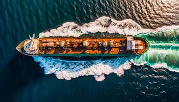 Antenne oben Aussicht von Öl Tanker Schiff Segeln auf Meer, generativ ai foto