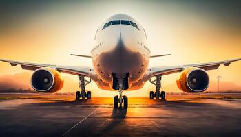 Landung Flugzeug von Vorderseite Aussicht im Sonnenuntergang, generativ ai foto