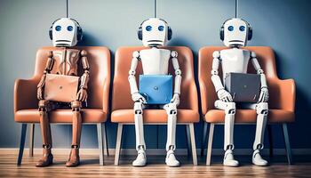 ai Roboter warten auf Stuhl zum ein Job Interview, generativ ai foto