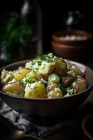 traditionell Deutsche Kartoffel Salat mit Gurke, Zwiebel und Mayonnaise. foto