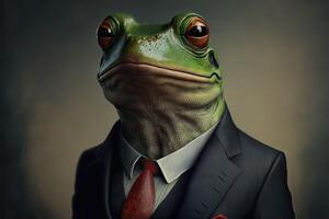 ai generiert Porträt von Frosch Geschäftsmann. Tier Kopf im Geschäft Anzug. foto