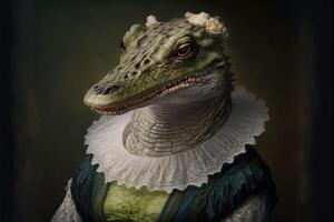 Porträt von Krokodil im ein viktorianisch Kleid. ai generiert foto