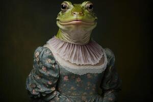 Porträt von Frosch im ein viktorianisch Kleid. ai generiert foto