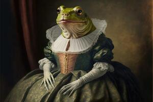 Porträt von Frosch im ein viktorianisch Kleid. ai generiert foto