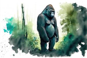 ai generiert süß Gorilla Stehen im das Mitte von das Wald. Aquarell malen. foto