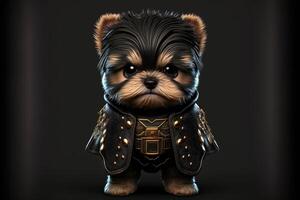 ai generiert süß Hund im Krieger Maskottchen Kostüm auf schwarz Hintergrund. 12 Chinesisch Tierkreis Zeichen Horoskop Konzept. foto