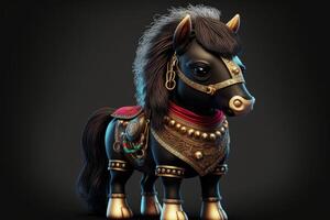 ai generiert süß Pferd im Krieger Maskottchen Kostüm auf schwarz Hintergrund. 12 Chinesisch Tierkreis Zeichen Horoskop Konzept. foto