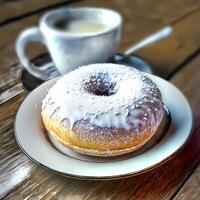 Zucker Pulver Krapfen und Kaffee ai generiert foto