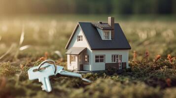 Miniatur Haus mit Schlüssel auf hölzern Hintergrund. echt Nachlass Konzept., ai generiert Kunstwerk foto