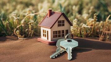 Miniatur Haus mit Schlüssel auf hölzern Hintergrund. echt Nachlass Konzept., ai generiert Kunstwerk foto