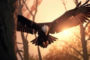 ein Adler entkommen das Sonne auf das Flügel von Freiheit erstellt mit generativ ai Technologie. foto