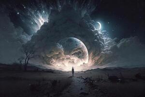 ein einsam Person sieht aus oben beim das Sterne von das Galaxis beim Nacht erstellt mit generativ ai Technologie. foto