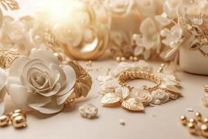 ein schön Hochzeit Hintergrund mit Blumen und Gold Ornamente auf ein Licht Hintergrund erstellt mit generativ ai Technologie. foto