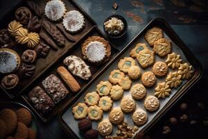 frisch gebacken Kekse mit viele von Dekoration auf ein Backen Tablett erstellt mit generativ ai Technologie. foto