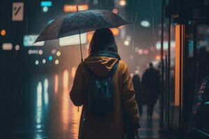 ein jung Frau mit ein Regenschirm Spaziergänge im ein modern Stadt beim Nacht und schwer Regen erstellt mit generativ ai Technologie. foto