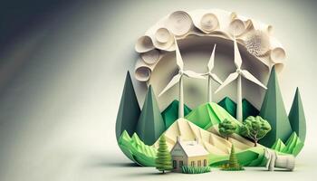 reduzieren Kohlenstoff Dioxid und Grün Energie Erhaltung bis zu 2050 Thema, mit Wind Turbinen und Papier Kunst Landschaften, generativ ai foto