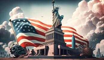 amerikanisch Flagge mit das berühmt Sehenswürdigkeiten Comic Buch Stil ai generiert