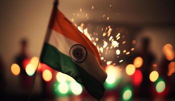 Unabhängigkeit Tag Indien Banner mit ein Flagge auf dunkel verwischen Hintergrund mit Feuerwerk ai generiert foto