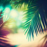 verwischen schön Natur Grün Palme Blatt auf tropisch Strand mit Bokeh Sonne Licht Fackel Welle abstrakt Hintergrund. Sommer- Ferien und Geschäft Reise Konzept Raum - - ai generiert Bild foto