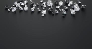 Diamantgruppe platziert auf schwarzem Hintergrund mit Kopierraum, 3D-Rendering foto