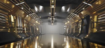 Sci-Fi Gold Metallic Korridor Hintergrund mit Scheinwerfer, 3D-Rendering