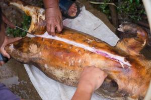 Schneiden oben Schweinefleisch mit Messer foto