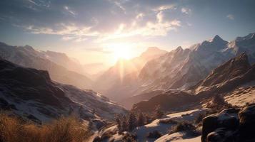 Sonnenuntergang im das Berge. Sonnenaufgang im das Berge. schön Winter Landschaft, Berg Landschaft beim Sonnenuntergang. Panorama- Aussicht von das Berge foto