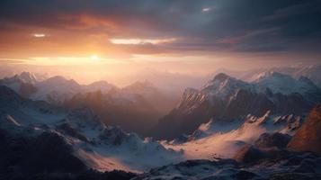 Sonnenuntergang im das Berge. Sonnenaufgang im das Berge. schön Winter Landschaft, Berg Landschaft beim Sonnenuntergang. Panorama- Aussicht von das Berge foto