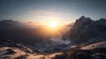 Sonnenuntergang im das Berge. Sonnenaufgang im das Berge. schön Winter Landschaft, Berg Landschaft beim Sonnenuntergang. Panorama- Aussicht von das Berge foto