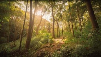 ein friedlich Wald Clearing gebadet im warm Sonnenlicht, umgeben durch hoch Bäume und üppig Laub, mit ein sanft Strom rieseln durch das Unterholz und ein entfernt Berg Angebot sichtbar foto