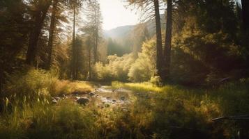 ein friedlich Wald Clearing gebadet im warm Sonnenlicht, umgeben durch hoch Bäume und üppig Laub, mit ein sanft Strom rieseln durch das Unterholz und ein entfernt Berg Angebot sichtbar foto