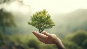 künstlerisch Hände Umarmung der Natur Schönheit halten Baum Über verschwommen Hintergrund foto