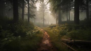 nebelig Pfad durch das Wald ,Sonnenuntergang im ein dunkel Wald mit Strahlen von Licht Vorbeigehen durch das Bäume foto