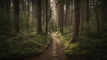 nebelig Pfad durch das Wald ,Sonnenuntergang im ein dunkel Wald mit Strahlen von Licht Vorbeigehen durch das Bäume foto