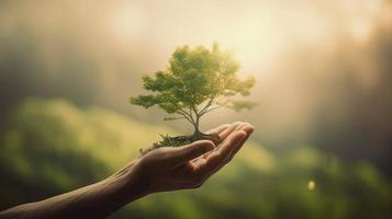 künstlerisch Hände Umarmung der Natur Schönheit halten Baum Über verschwommen Hintergrund foto