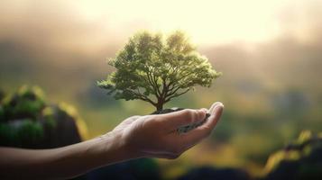 künstlerisch Hände Umarmung der Natur Schönheit halten Baum Über verschwommen Hintergrund foto