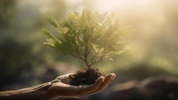 künstlerisch Hände Umarmung der Natur Schönheit halten Baum Über verschwommen Hintergrund foto