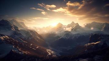 Sonnenuntergang im das Berge. Sonnenaufgang im das Berge. schön Winter Landschaft, Berg Landschaft beim Sonnenuntergang. Panorama- Aussicht von das Berge foto