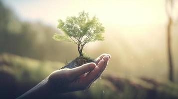 künstlerisch Hände Umarmung der Natur Schönheit halten Baum Über verschwommen Hintergrund foto